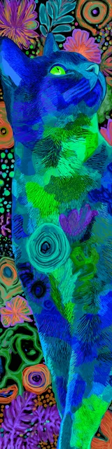 Cat bookmarks featuring a bold blue and green cat with abstract plant background